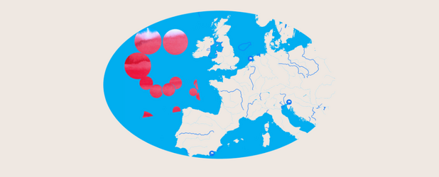 Mittig platzierte ovale Weltkarte mit stilisierten Flüssen in Hellblau und Meeren in Dunkelblau; rote Kreise oben links markieren Schlüsselregionen aquatischer Vernetzung. Grafik eingebettet in einen beigen Hintergrundbalken.  Quelle: Grafik aus dem Newsl
