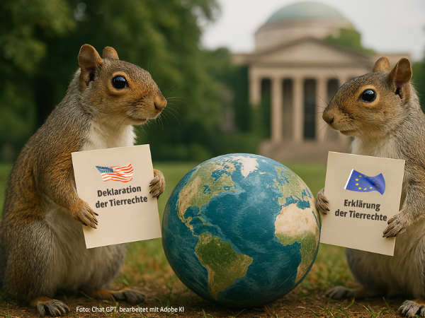 Zwei  Eichhörnchen stehen sich aufrecht gegenüber, dazwischen eine realistische Weltkugel. Das linke Eichhörnchen hält ein Dokument mit der amerikanischen Tierrechtserklärung, das rechte eines mit der europäischen Erklärung. Beide blicken ernst, aber freu