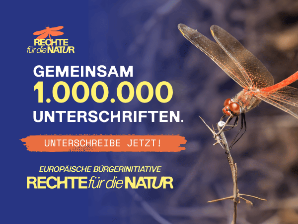Kampagnengrafik mit dem Aufruf, eine Million Unterschriften für die Europäische Bürgerinitiative „Rights for Nature“ zu sammeln.