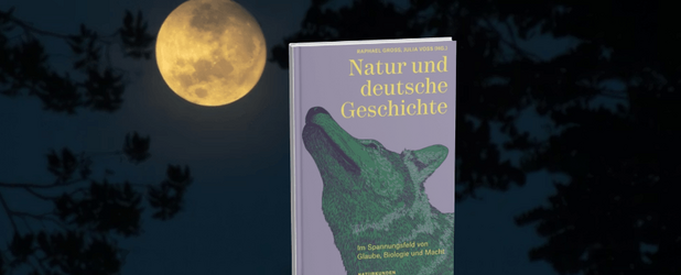 Buchcover zur Ausstellung „Natur und deutsche Geschichte“ zeigt einen Wald vor einem großen Vollmond als Symbol für Natur, Geschichte und kulturelle Deutung von Natur