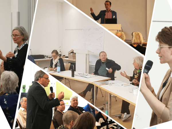 Collage der Referierenden Andreas Gutmann, Camilla Haake, Hans Peter Daub, Menja Holtz und Karina Czupor. Themen waren internationale Erfahrungen mit Rechte der Natur, Biodiversität, rechtliche Instrumente und Perspektiven für Deutschland.