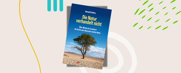 Buchcover „Die Natur verhandelt nicht“ mit Baum und Himmel, auf sandfarbigem Untergrund liegend. Buchcover „Die Natur verhandelt nicht“ von Reinald Eichholz. Auf dem Cover: ein einzelner Baum unter dunklem, blaugrauem Himmel, das Buch liegt auf sandigem Untergrund mit grafischen Elementen, klarer Schattenwurf.