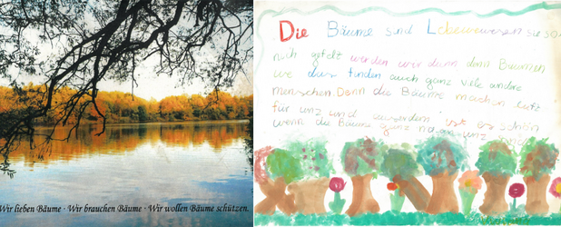 Der Ricklinger Wald ist bedroht. Die Kampagne zeigt, warum sein Erhalt zentral für Klima, Biodiversität und Gesundheit ist. Links: Seespiegelung, Wasser, Herbststimmung. Wir lieben Bäume. Wir brauchen Bäume. Wir wollen Bäume schützen. Rechts: Postkare gezeichnet.