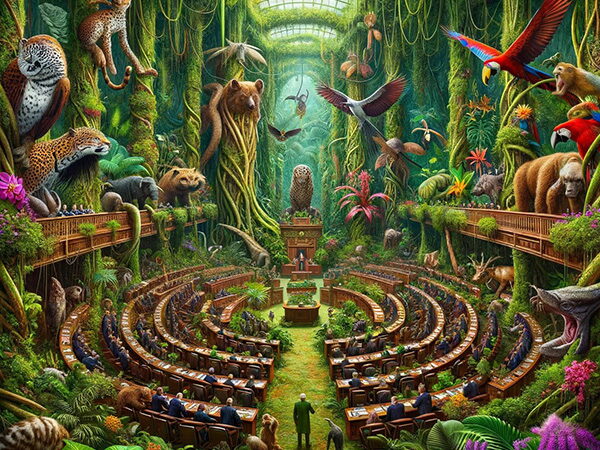 Innenansicht eines Parlaments, in dem Abgeordnete sowie Tiere, Pflanzen und Pilze vertreten werden und ihre Anliegen über Vertreter*innen einbringen können. Das Parlament ist von Vegetation bewachsen und vermittelt eine natürliche Atmosphäre.