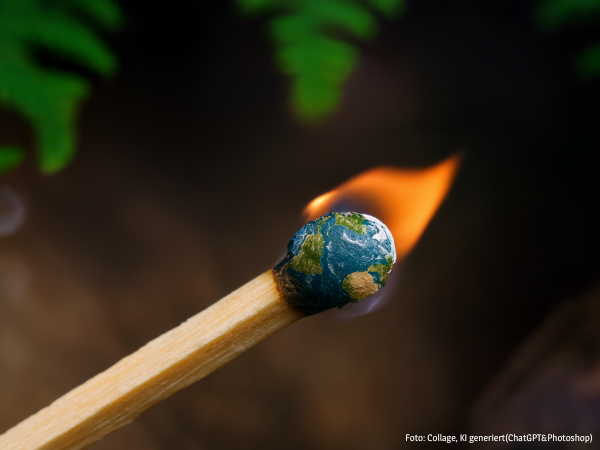 Das Bild, generiert durch KI, zeigt ein brennendes Zündholz als Symbol für die Erde. Der Hintergrund in dunklen Tönen wird von flimmernden Flammen im Bokeh-Stil erleuchtet, was die Dramatik der Klimakrise visuell unterstreicht.