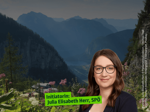 Porträts von Julia Elisabeth Herr, SPÖ, (© Parlamentsdirektion / Thomas Topf) und Mag. Norbert Hörmayer, Hintergrund: Elsemargriet, Pixabay, symbolisieren die parlamentarische Debatte zur Anerkennung der Natur als Rechtssubjekt