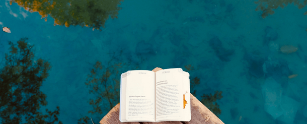 Offenes Buch am Wasser als Symbol für das Nature's Rights Bill und die Entwicklung eines ökologischen Gesetzbuchs für die Rechte der Natur