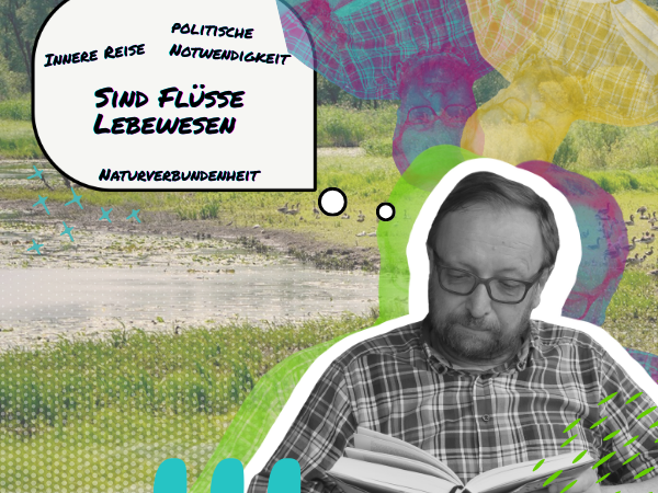 Hochformat-Foto eines Flusses von Hans-Ulrich Zabel. Helmut Scheel sitzt rechts unten und liest das Buch „Sind Flüsse Lebewesen?“. Kräftige Halftone-Farben und grafische Akzente.