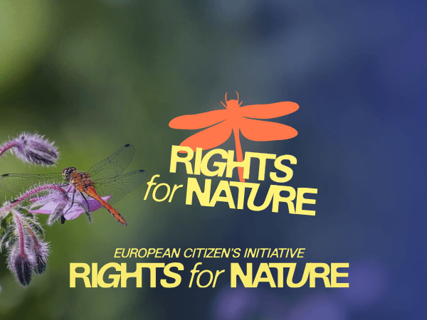 Grafisches Logo mit einer Libelle steht für die Europäische Bürgerinitiative, die sich für die rechtliche Anerkennung von Natur und Gewässern in Europa einsetzt