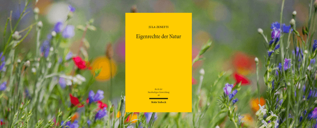 Buchcover „Eigenrechte der Natur“ von Jula Zenetti mit Wildblumenwiese im Hintergrund