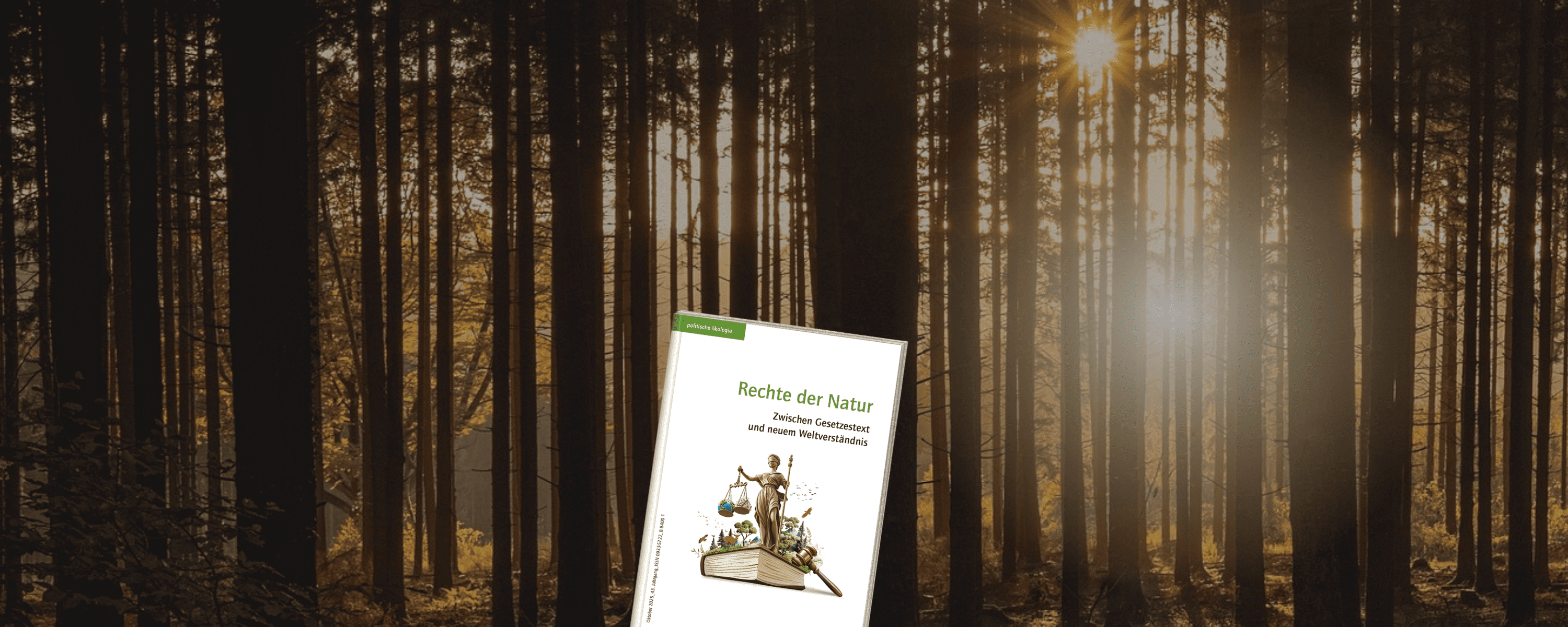 Cover der politischen ökologie „Rechte der Natur – Zwischen Gesetzestext und neuem Weltverständnis (Band 182)“ auf einem Wald im Morgenlicht „Rechte der Natur – Zwischen Gesetzestext und neuem Weltverständnis (Band 182)“ auf einem Wald im Morgenlicht