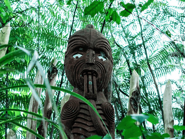 Traditionelles Māori Totem im dichten Wald in Neuseeland zeigt die kulturelle Verbindung der Māori zur Natur und die Bedeutung indigener Werte für nachhaltige Wissenschaft