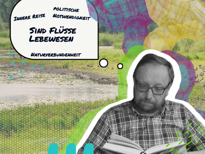 Hochformat-Foto eines Flusses von Hans-Ulrich Zabel. Helmut Scheel sitzt rechts unten und liest das Buch „Sind Flüsse Lebewesen?“. Kräftige Halftone-Farben und grafische Akzente.