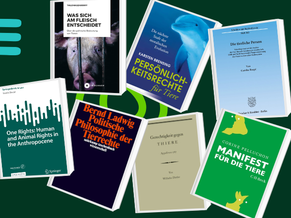 Grafik zeigt 9 Buchempfehlungen zu Tierrechten im Kachelformat mit Titel, Autor:in und Cover.