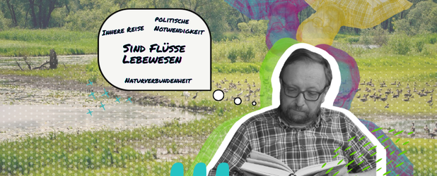 Darstellung auf kräftigem, halftone-inspiriertem Design. Im Hintergrund ein vertikal ausgerichtetes Foto eines Flusses von Mitglied Hans-Ulrich Zabel.